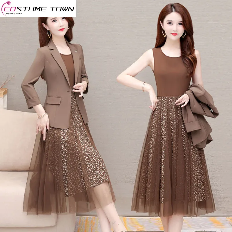 

Summer New Korean Style Thin Jacket Blazer Hollow Lace Vintage Print Dress Two Piece Elegant Women's Pants Set Casual Outfits