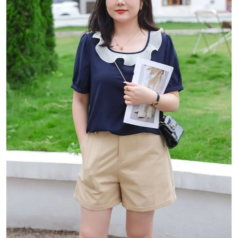 Minimalist Commuter Summer New Women's Blouse Contrast Color Spliced Ruffles Shirring Short Sleeve Elegant Loose Chiffon Tops