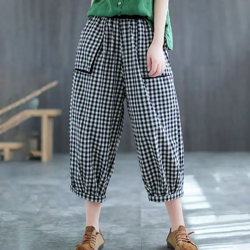 

Summer Casual Plaid Cotton Flax Elastic Waist Harem Female All-match Loose Patchwork Pants Women Clothing Thin Calf-Length Pants