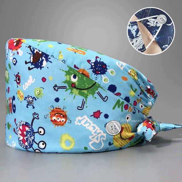 New Fashion Cotton Skull Cartoon Print Hat Adjustable Work Cap Beauty Salon Nursing Cap Male Surgical Hat Wholesale Scrub Caps 22030