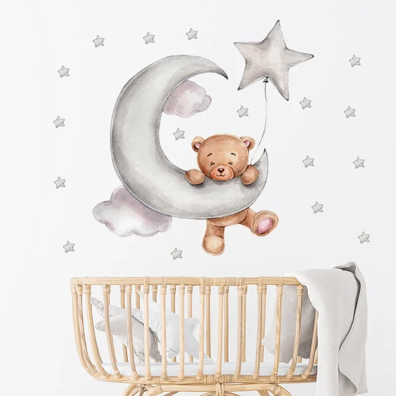 

New Funny Cute Teddy Bear Kids Room Wall Stickers Baby Nursery Room Decoration Wall Decals Watercolor Style Home Decor Interior