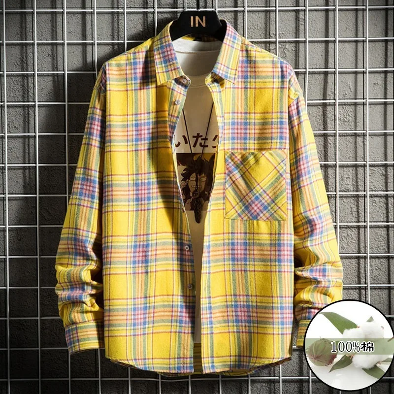 Autumn Men's Fashion Cotton Long sleeved Shirt Youth Fashion Soft Casual Plaid Top Men's Shirt