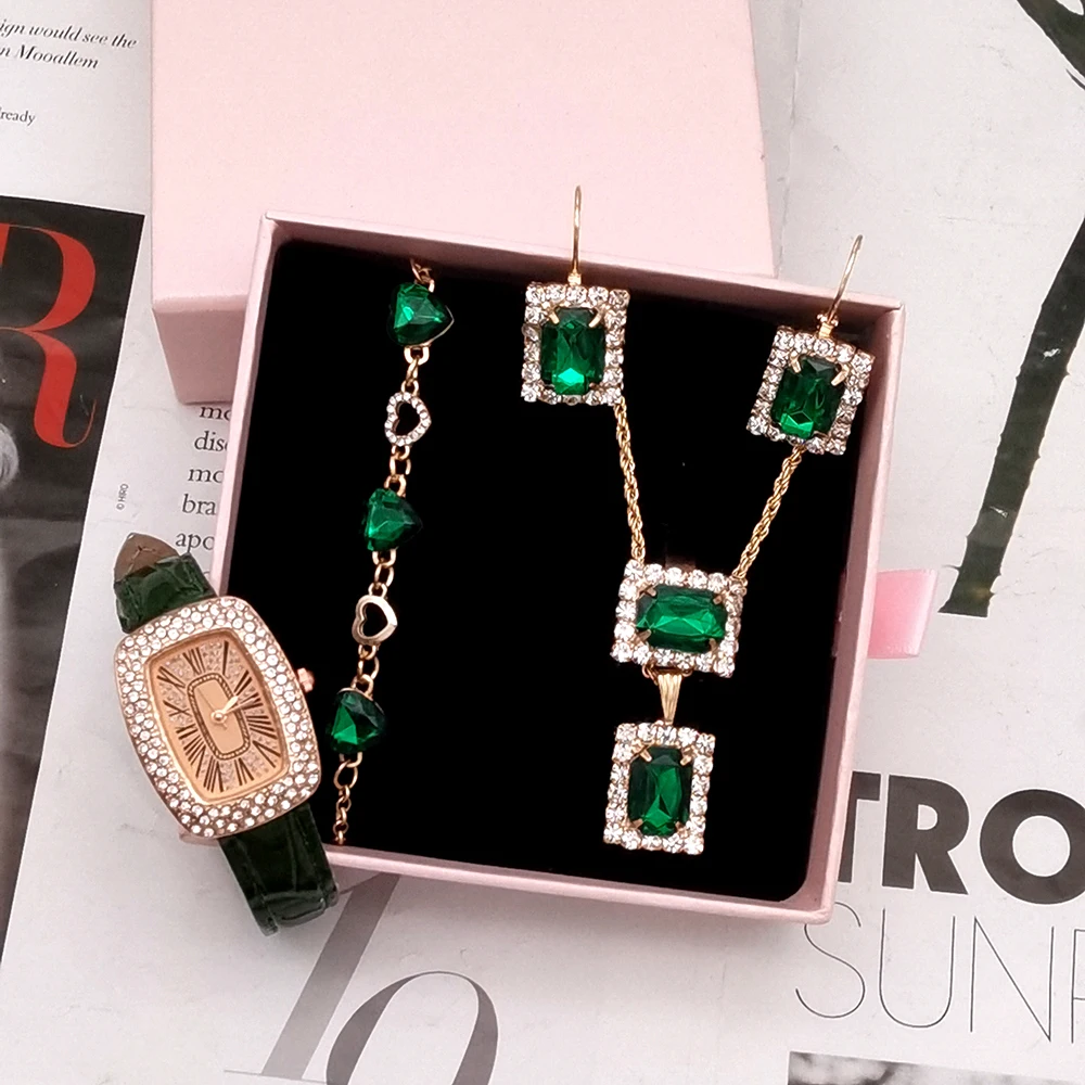 5Pcs Fashion Luxury Full diamond Pigeon Egg Diamond Lady quartz belt Watch clock vintage Elegant Montre Femme Jewelry Set + Box