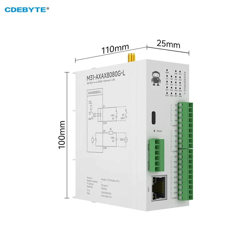 8DI+8DO LoRa 433MHz Distributed Remote IO Module CDEBYTE M31-AXAX8080G-L Host Module Support Modbus TCP RTU LoRa RJ45 RS485