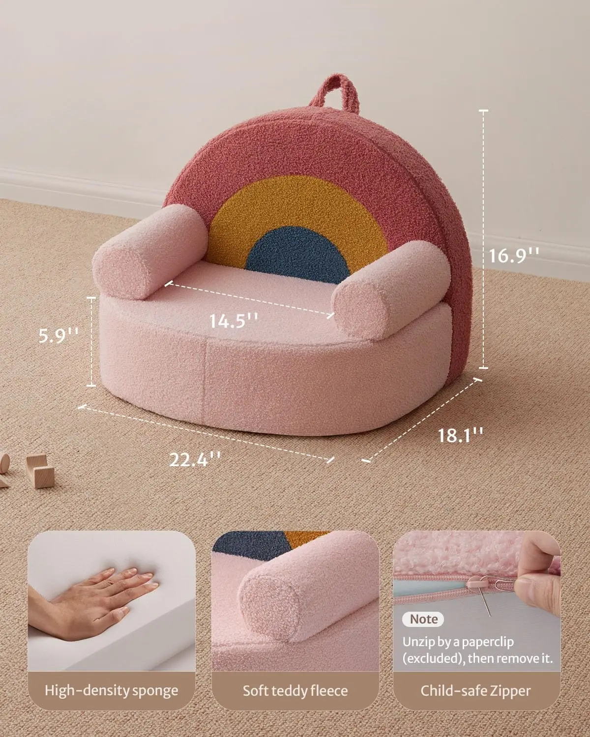 Toddler Chair Comfy, Foam Kids Chair with Soft Teddy Plush, Toddler Reading Armchair with Cute Rainbow Designs- Blush Pink 3