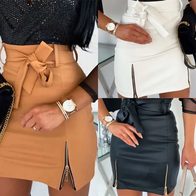 

Fashion Sexy High Waist PU Leather Women Elegant Skirts Sashes Zipper Pencil Mini Length Spring Autumn Winter White Black Khaki