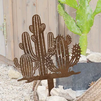 1pc Vintage Rusty Cactus Garden Stake 1