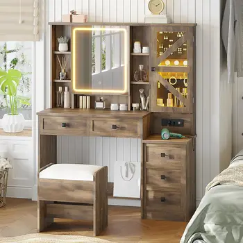 Farmhouse Vanity Desk with Mirror & Lights 1