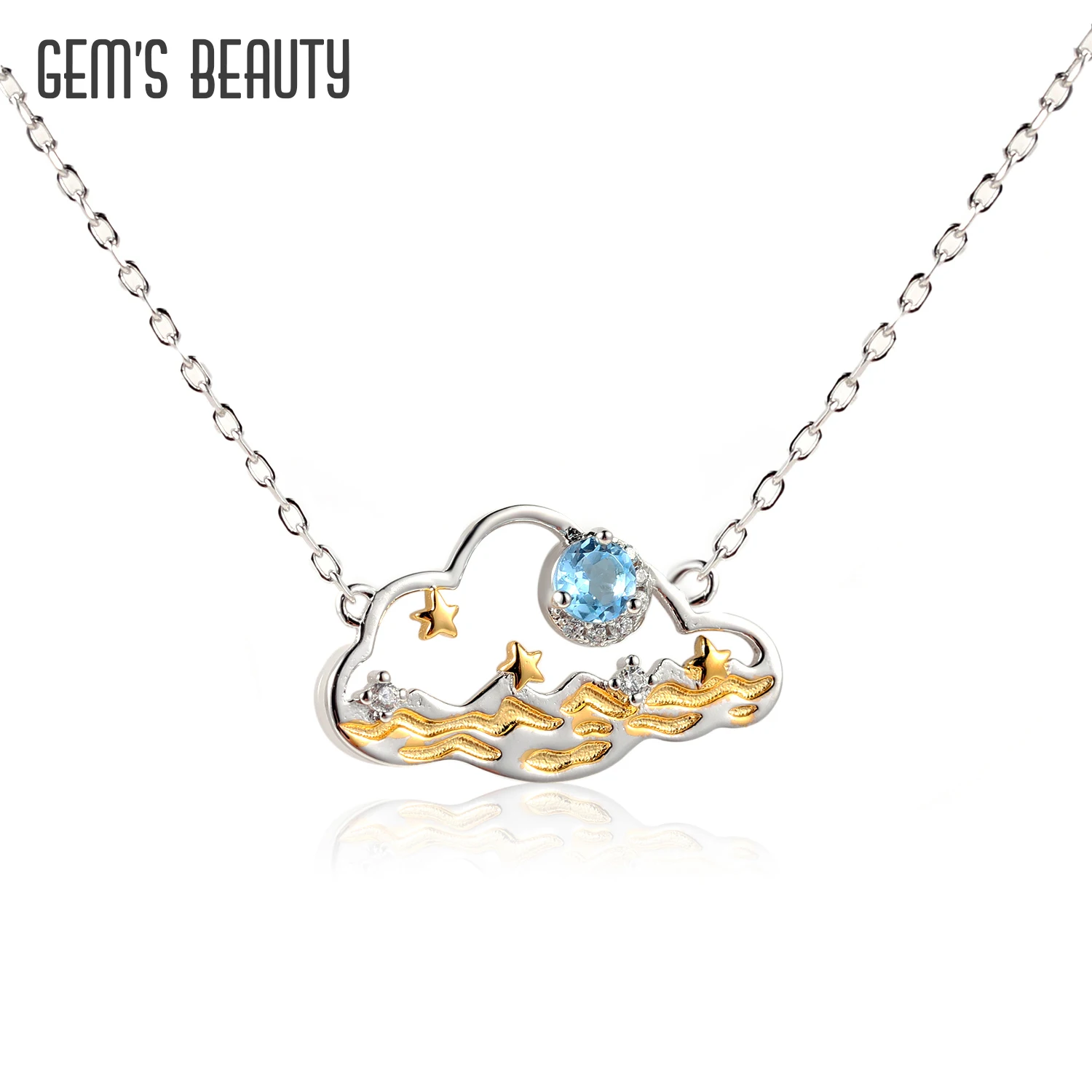 

GEM'S BEAUTY The Sea of Stars Necklace 925 Sterling Silver Natural Style Swiss Blue Topaz Gemstone Pendant Necklace For Women