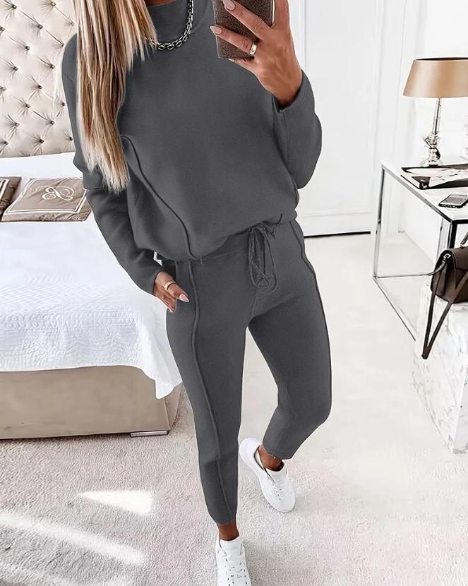 Two Piece Set Women Outfit Autumn Fashion Contrast Piping Plain Long Sleeve Top & Drawstring Pocket Casual Daily Pants Set