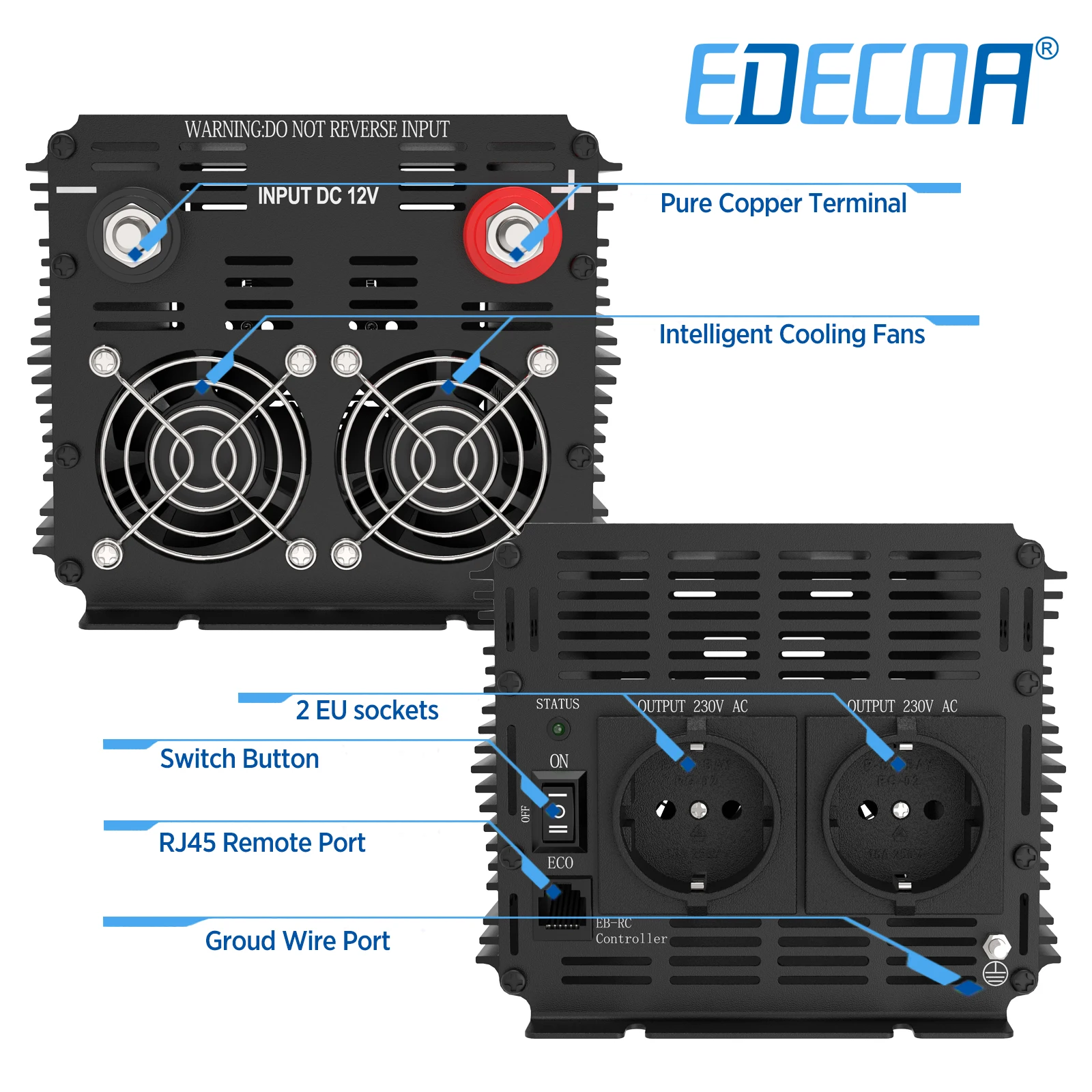 UPS Pure Sine Inverter 1500w Charger EDECOA DC AC 12v 230v