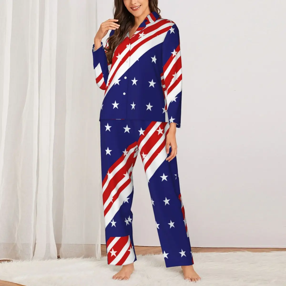 

Пижама женская с американским флагом, Повседневная теплая одежда для сна оверсайз, в полоску звезд, 4 июля, с принтом в спальню, красная Синяя