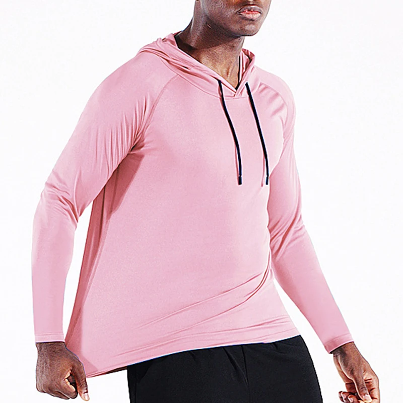 

Summer New Men's Long Sleeve Sunscreen T-shirt Solid Hooded Tops Activewear Sport Gym Running Hoodies T-Shirt Men Sun Block