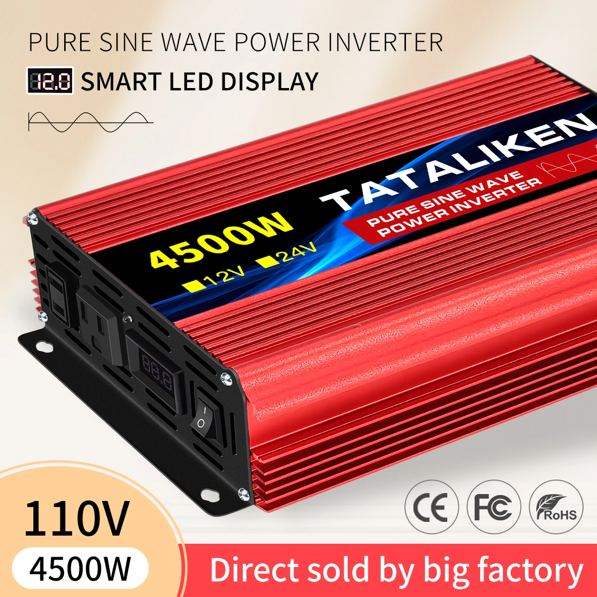 Portable 110V 60HZ Tranfermer 12V/24V Pure Sine Wave Inverter Car Power 4500W Voltage Converter