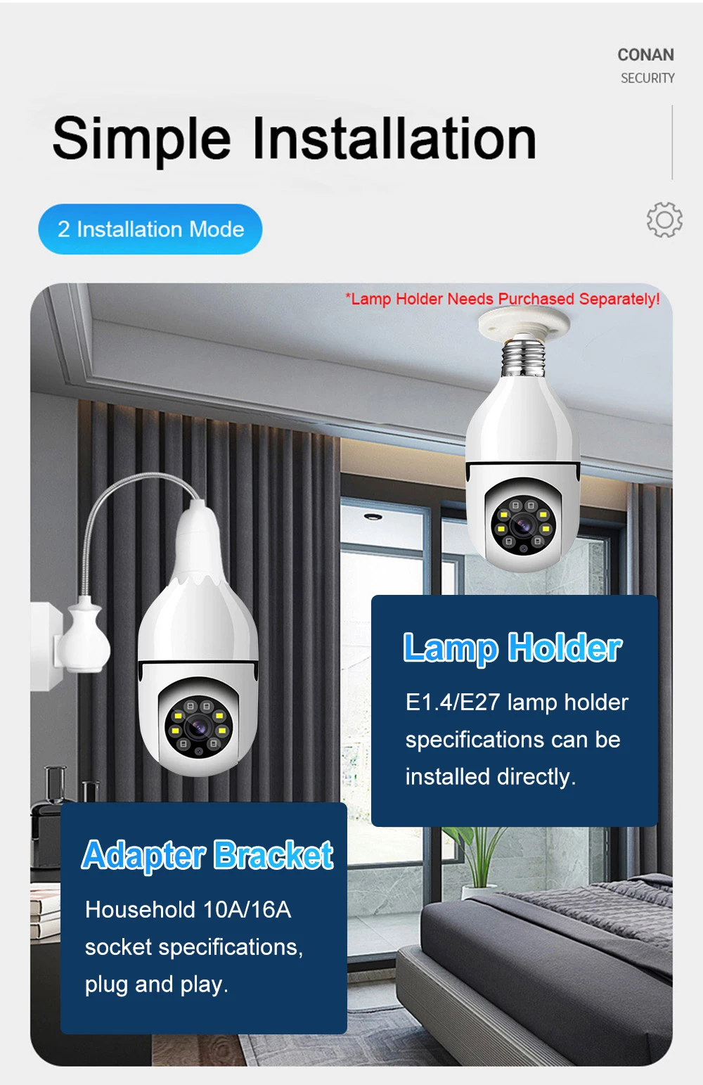 2MP 1080P Yoosee APP E27 Lamp Head Socket  360Degree Wireless PTZ  IP Camera AI Humanoid Detection  Intercom Baby Monitor