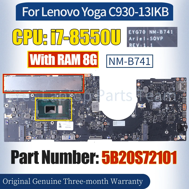

Материнская плата EYG70 для Lenovo Yoga, системная плата 5B20S72101 SR3LC NM-B741 RAM 8G 100%, протестированная материнская плата для ноутбука