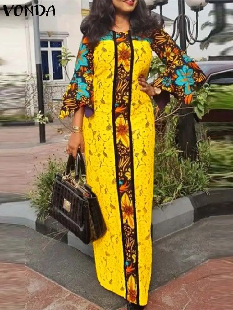 

Длинное платье-макси VONDA женское винтажное, с расклешенным рукавом, с цветочным принтом, сарафан 2024, модные повседневные свободные платья