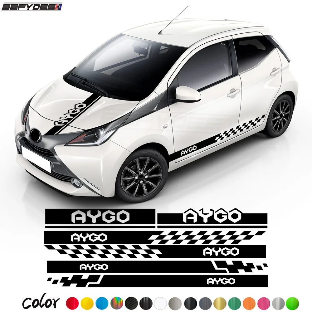

Car Hood Bonnet Door Side Skirt Sticker Engine Cover Body Stripes Checkered Graphics Vinyl Decals For Toyota Aygo Accessories