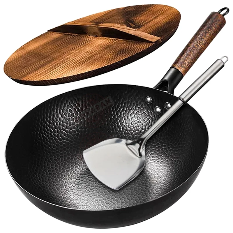 Carbon Steel Wok Pan 32cm Stir-Fry Pans with Wooden Lid Uncoated Flat Bottom Chinese Pan for Induction Electric Gas All Stoves