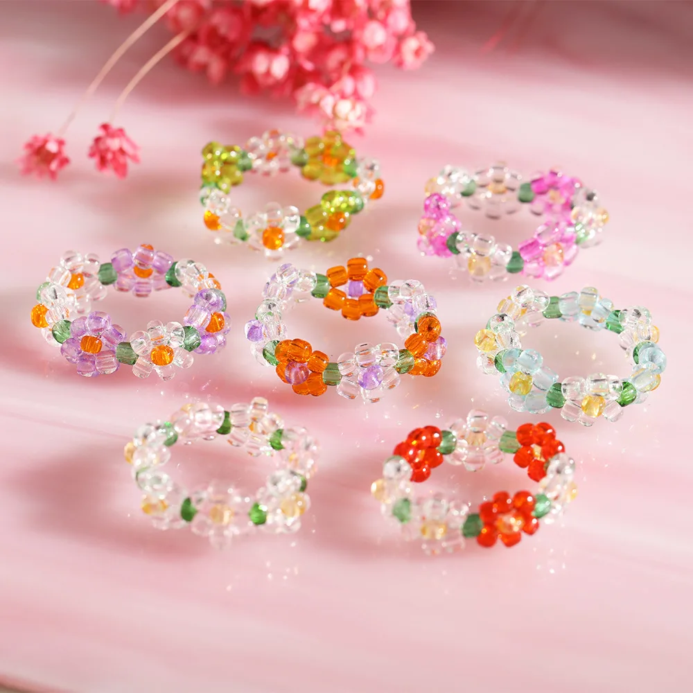 Flower Beads Ring Rainbow Colorful Rice Bead Rings Cute Handmade