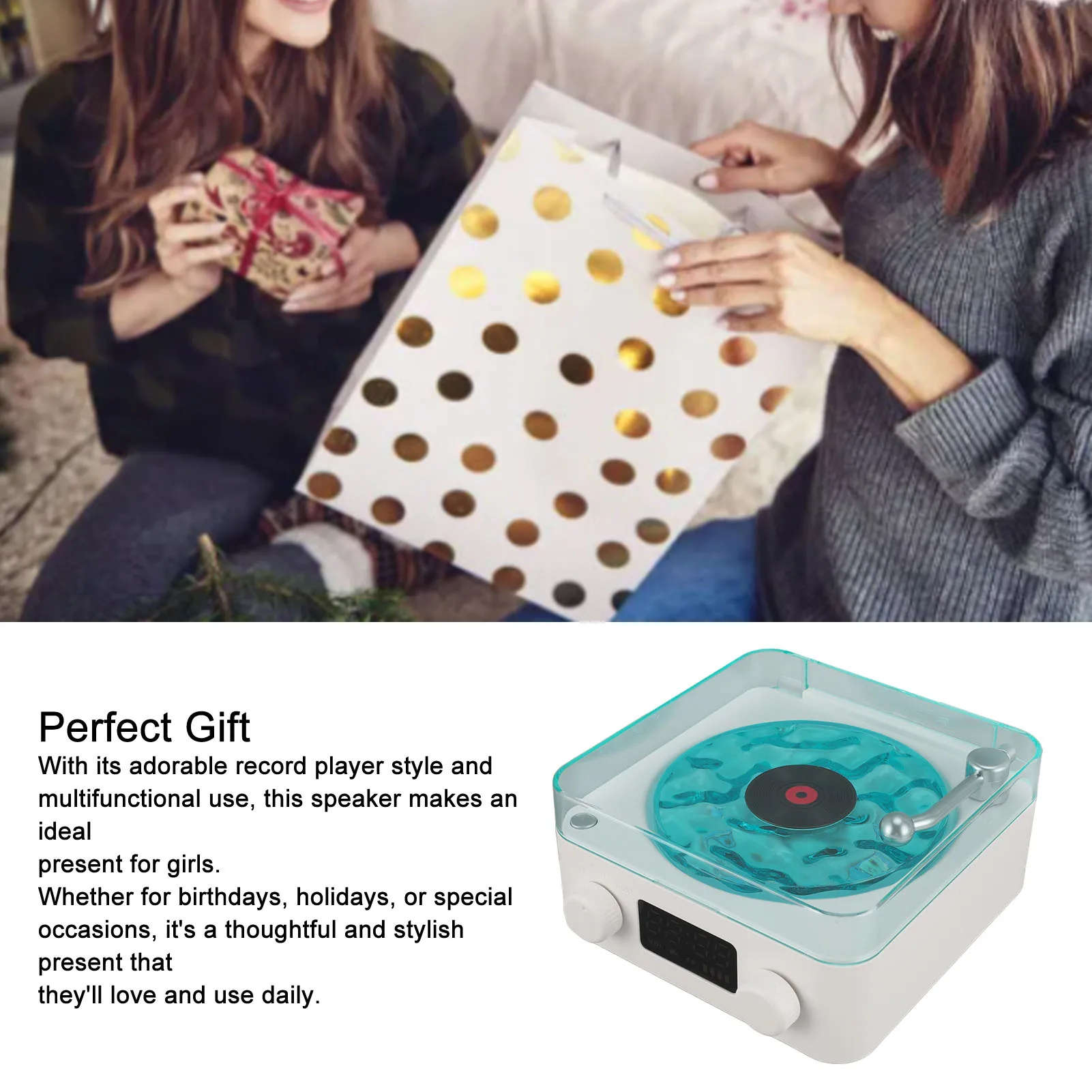 Record Player Style Bluetooth Speaker with Night Light and Time Display 3 in 1 Multifunction Small Stereo Wireless Speaker