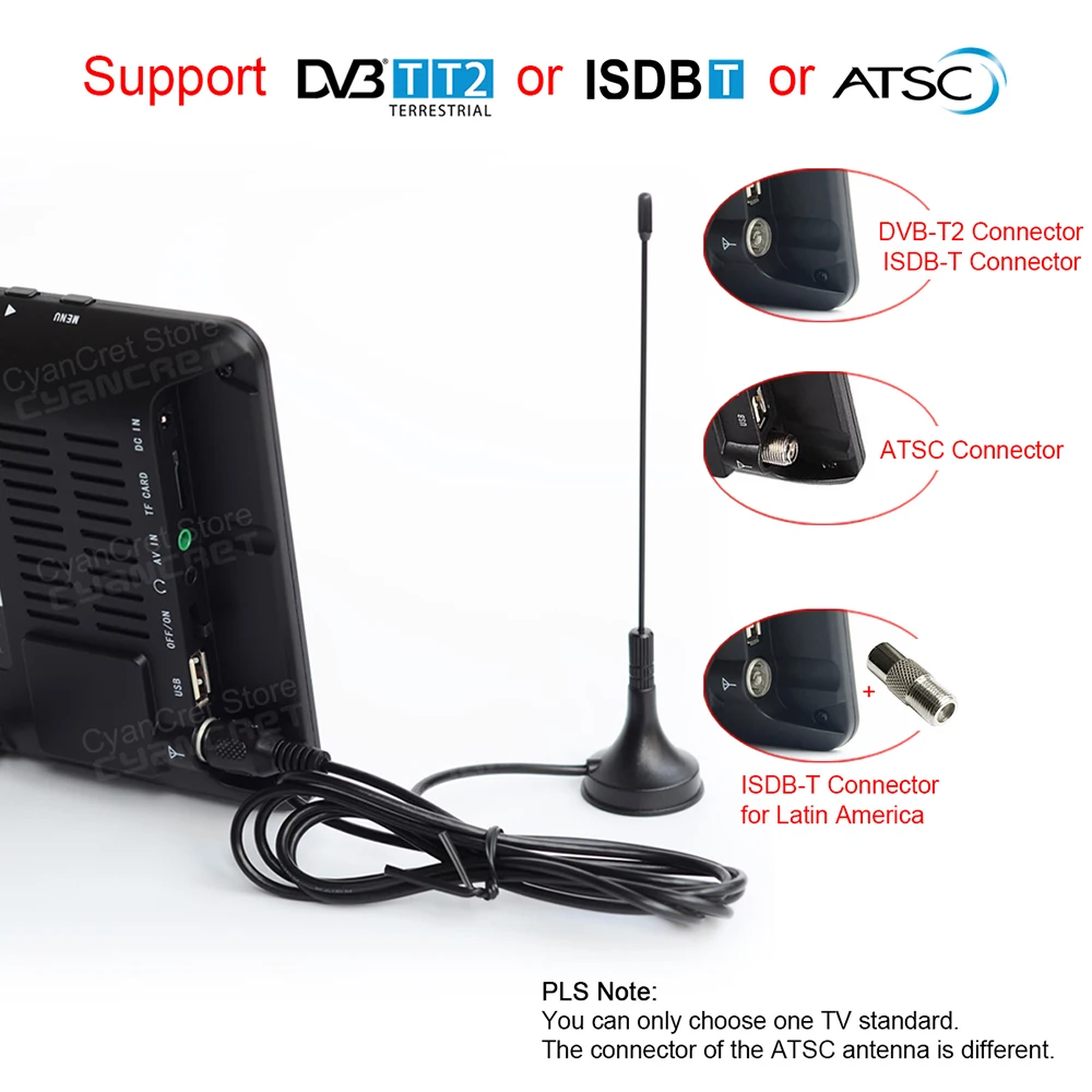 리드스타 D7 7인치 디스플레이 휴대용 TV DVB-T2 ATSC ISDB-T 디지털/아날로그 미니 소형 차량용 TV 텔레비전 USB TF H.265 AC3 지원