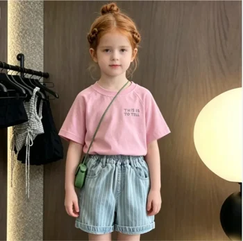 Set per bambini abbigliamento ragazza che scava fuori gilet per maglieria fresco estate nuova moda semplice 2024 top per maglieria sottili rosa