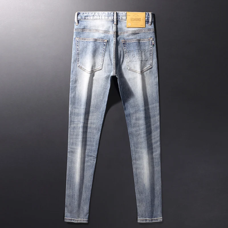Fashionable new men's jeans, elastic slim fit, retro  light gray blue jeans, designer motorcycle brand high-quality pants