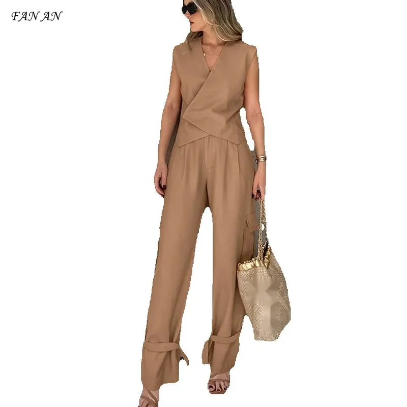 Summer and Early Autumn 2024 New High-end V-neck Vest Set, Vest, High Waist Leggings, Women's Casual Commuting Two-piece Set