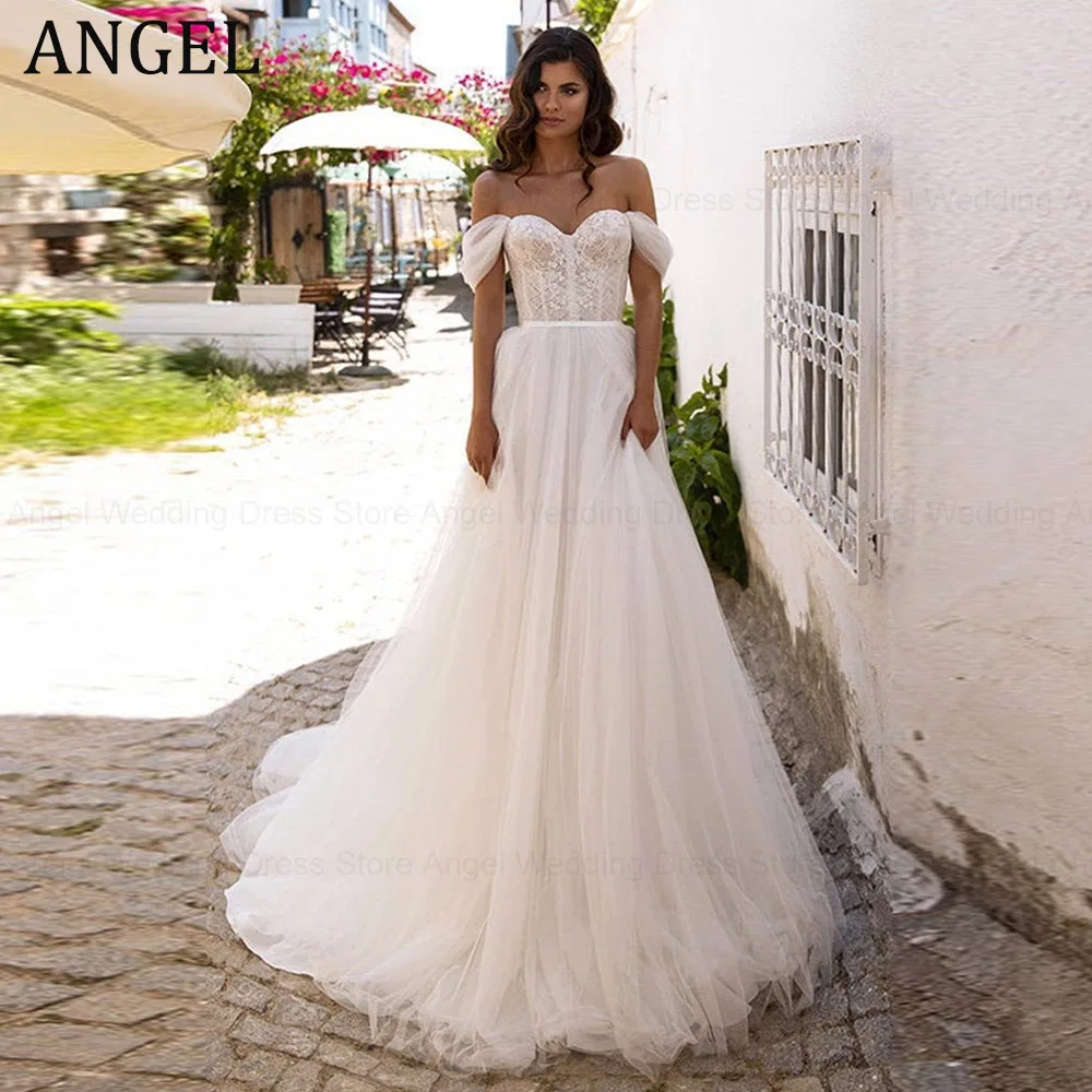 

ANGEL Appliques Off Shoulder Wedding Dresses A-line Tulle Beach Bridal Gowns Sweetheart Backless Sleeveless Robe De Mariée