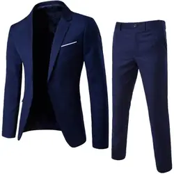 1 Set Men Business Suit Solid Color Slim Fit Blazer Pants Sets Turndown Collar One Button Pockets Formal Suit Set Men Clothes