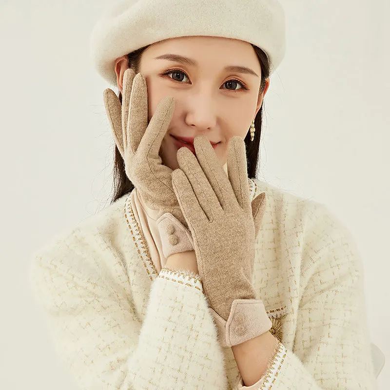 

Thick Gloves Cashmere Wool Touch Screen Winter Mitten Women Outdoor Sports Wrist Button Cycling Gloves Driving Mitten