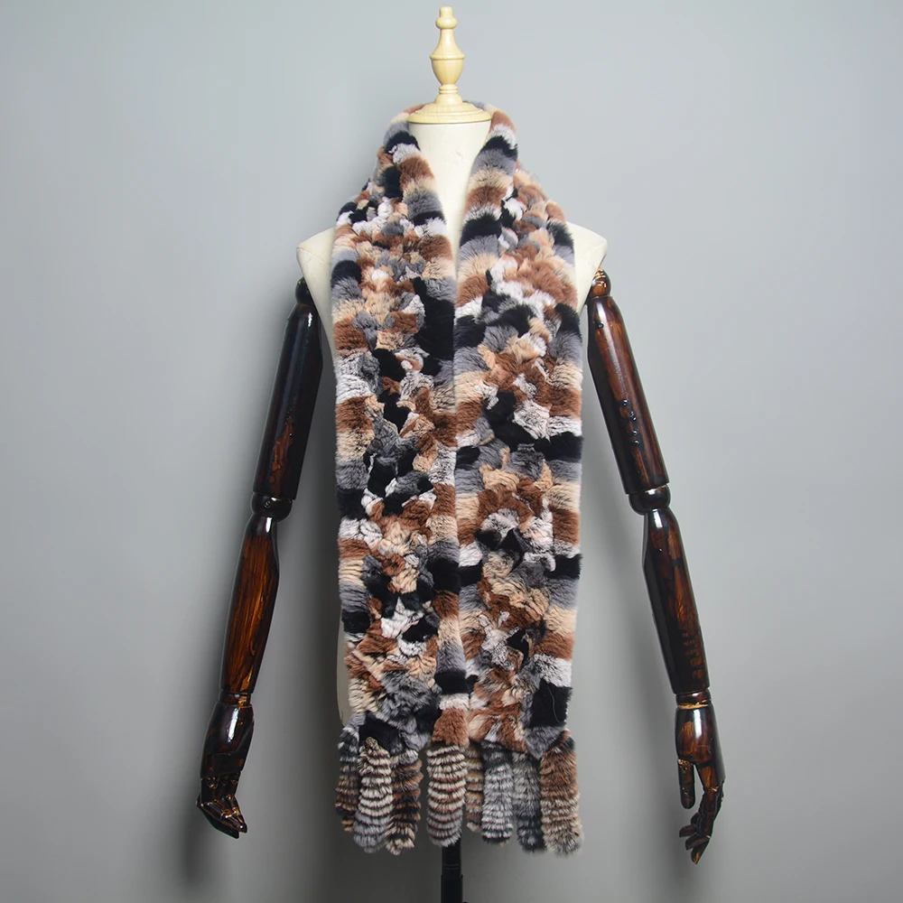 2025 Long Style Women Winter Real Rex Rabbit Fur Scarf Natural Rex Rabbit Fur Scarves Lady Knitted Rex Rabbit Fur Ring Scarves 4
