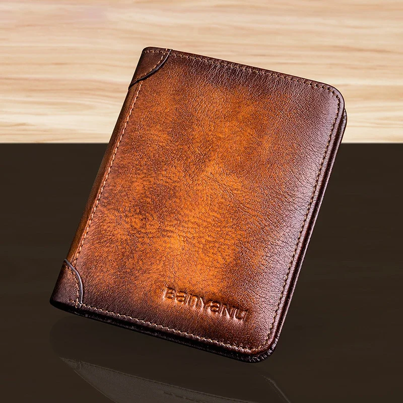 

Men Wallet Genuine Leather Rfid Blocking Trifold Purse Vintage Thin Short Multi Function ID Credit CardHolder Male Bag