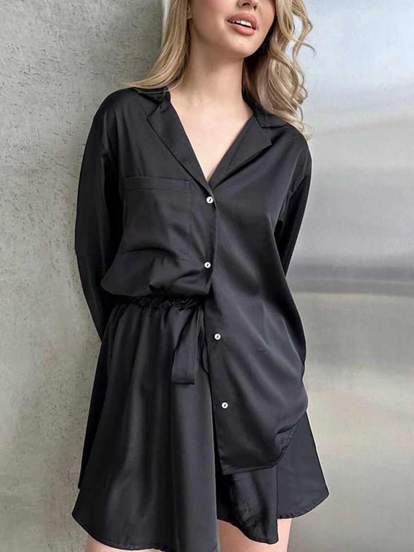 Marthaqiqi Casual Women'S Pajamas 2 Piece Suit Turn-Down Collar Sleepwear Long Sleeve Nightgowns Shorts Loose Ladies Nightie Set