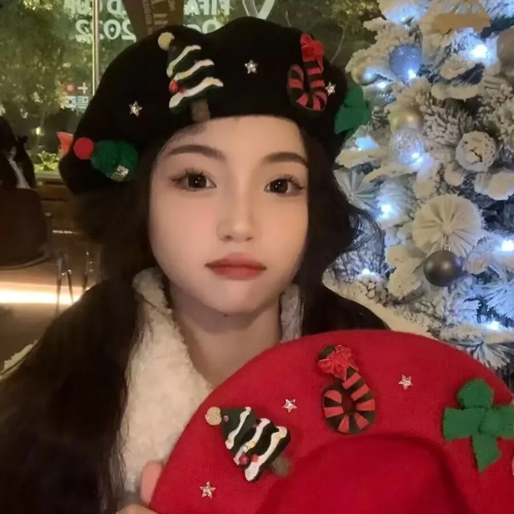 Christmas Hat Red Green Beret Female Winter Headwear Xmas Party Dress Up New Year Gifts Sweet Girl Women Wool Tweed Beret Cap