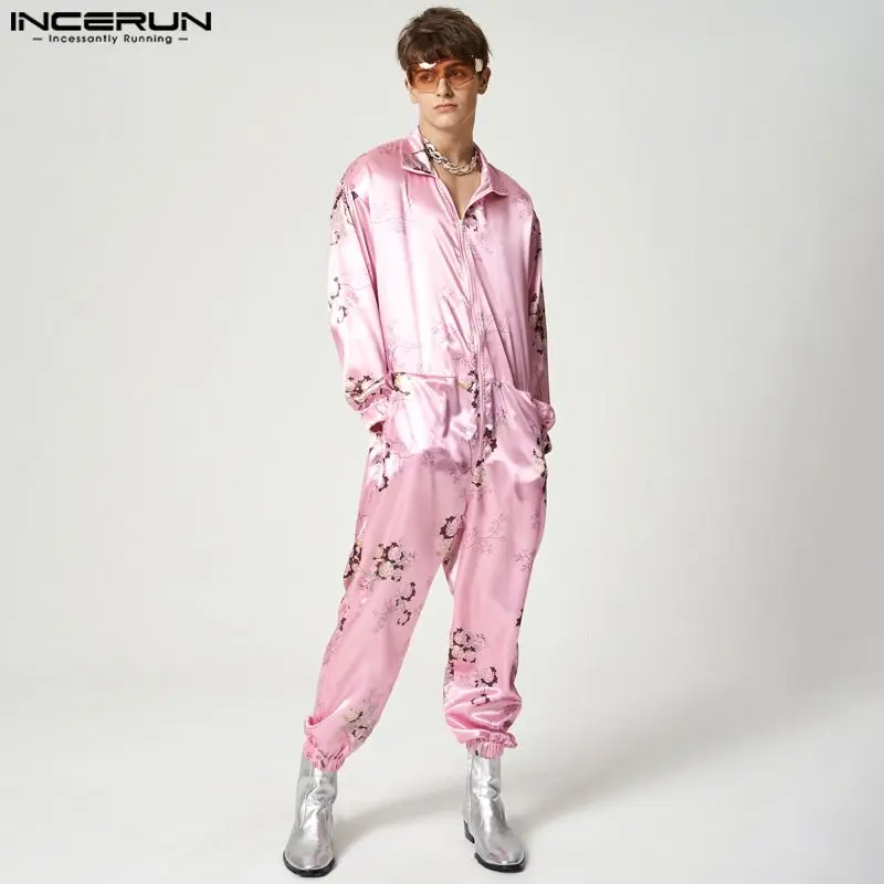 

INCERUN Men Jumpsuits Flower Printing Streetwear Lapel Zipper Long Sleeve Casual Rompers 2023 Fashion Leisure Men Overasll S-5XL