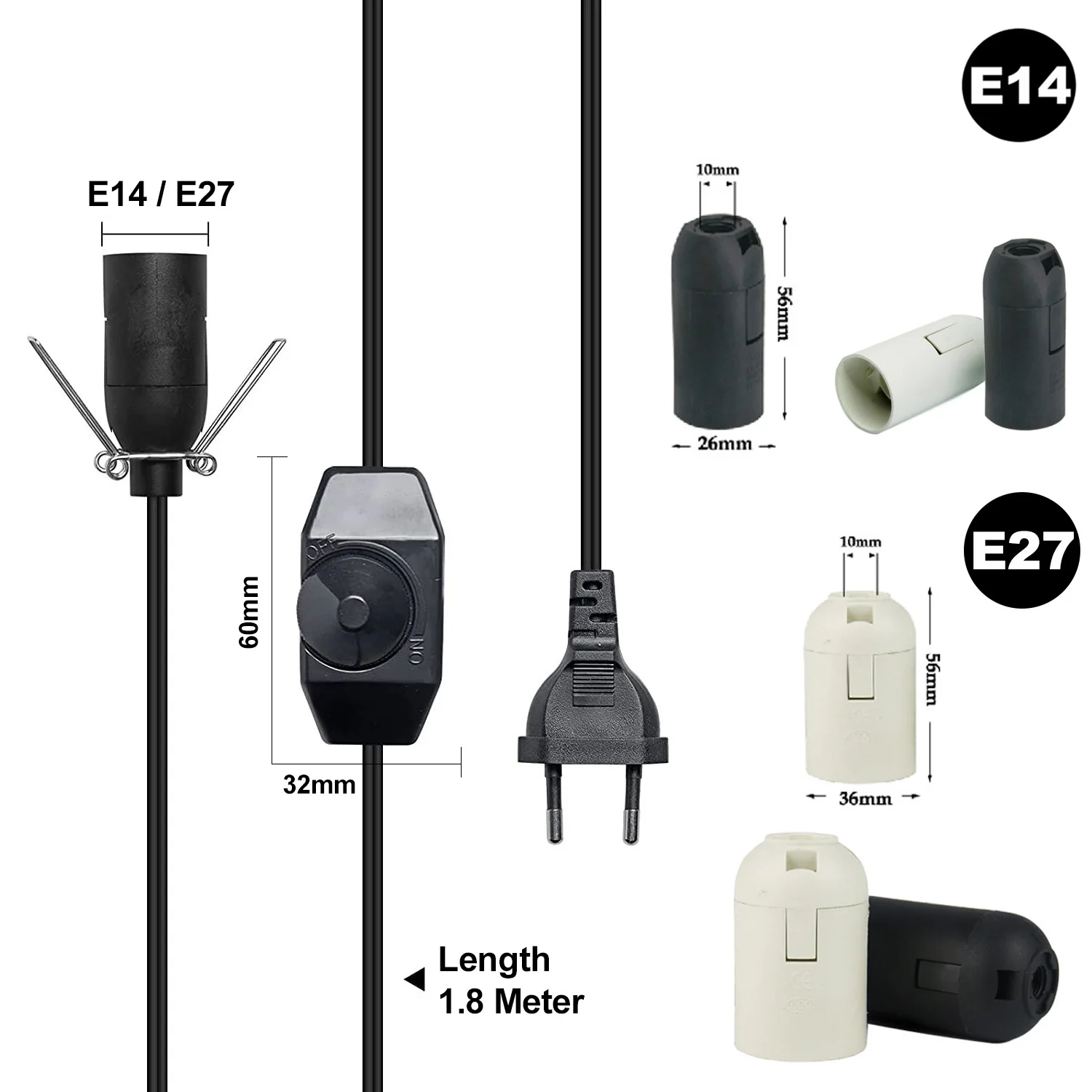 Lamp Holder Lamp Cord EU Plug E14 E27 Socket 1.8M Decorative With Switch Dimmer Electric Power Wire Cable