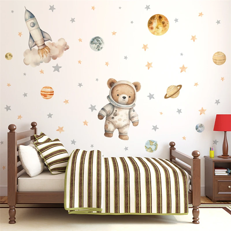 Cartoon Bear Astronaut Space Wall Sticker Baby Room Decoration Rocket Stars Decal Kids Room Wallpaper