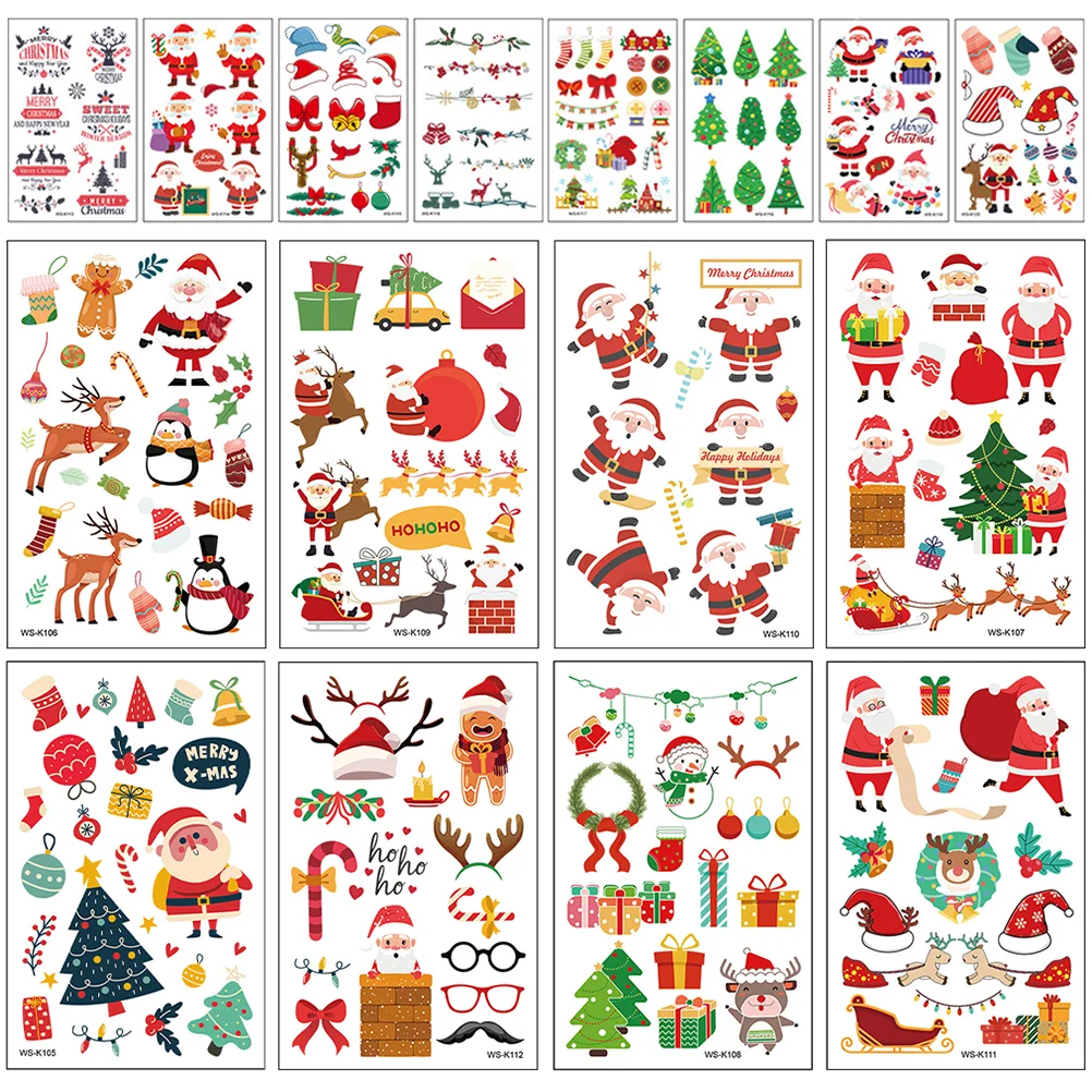 

16 Sheets Tattoo Stickers Temporary Tattoos Kids Party Favors Christmas Cartoon Xmas Waterproof Face