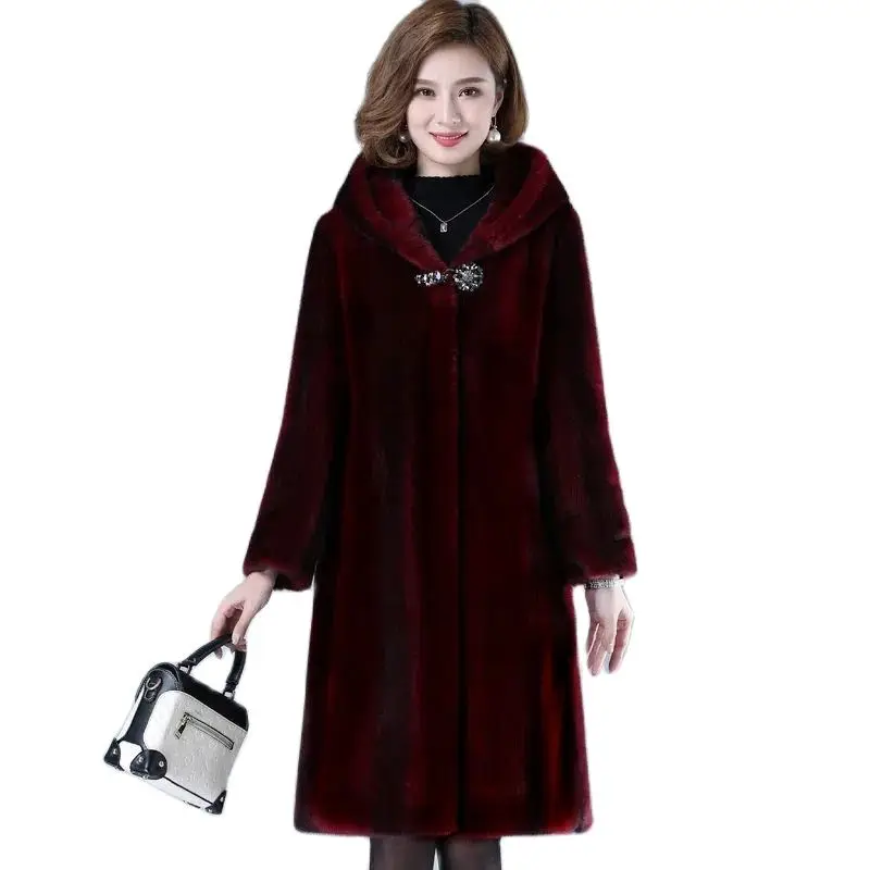 

Black autumn winter new mink Jacket women's 2023 loose thicken hooded faux fur coat mothers Warm long parkas overcoat