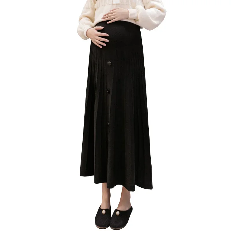 Fashionable Knitted Maternity Skirt High Waist Autumn Winter Outerwear Maxi Dress for Trendy Moms Slimming A- Line Skirts