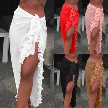 Women Chiffon See-Through Beach Bikini Cover Up Wrap Scarf Swimwear Pareo Sarong Dress Solid Ruffle Casual Beach Dress 1