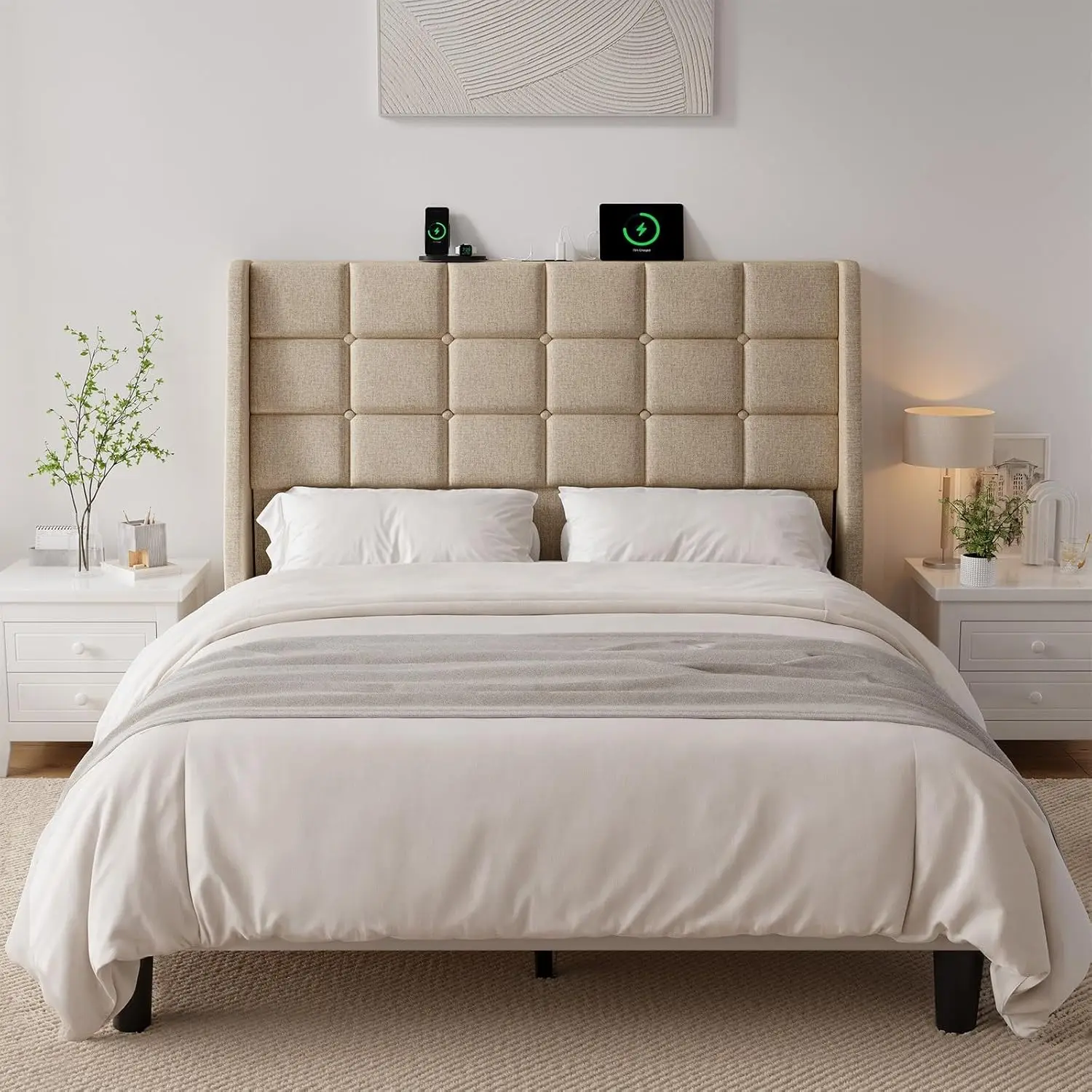 Ergonomic Upholstered Full Size Headboard w/Charging Station, Linen Wingback Headboards w/Storage Pocket, Full Headboard Only