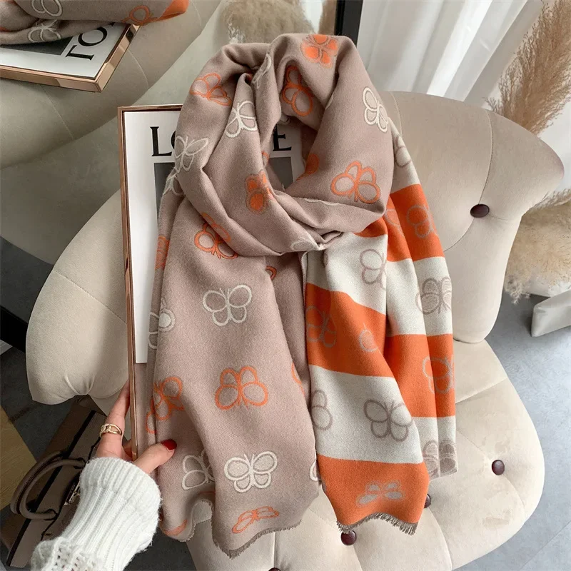 Women's Autumn and Winter Scarf Korean Version of Cute and Sweet Butterfly 100% Cashmere Thickening Warm Neck Scarf Double-sided