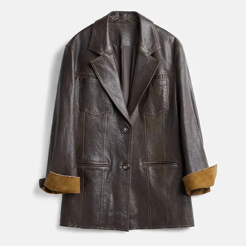 

Женский винтажный жакет из овчины, темно-кофейный пиджак свободного покроя из натуральной кожи с рукавами из замши, 2024