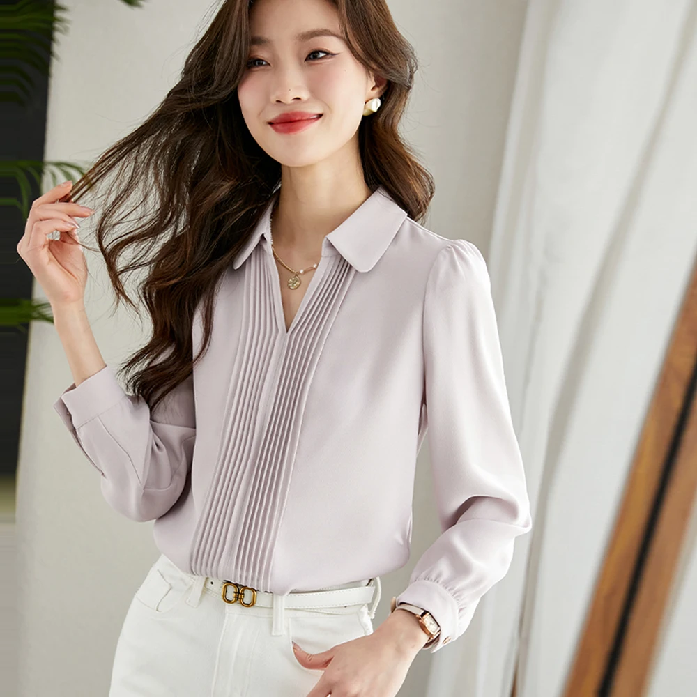 Elegant French Style Chic Folds V-Neck Blouse Women High