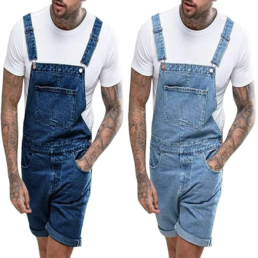 Wepbel One-Piece Working Bib Top Pants Overalls Summer Retro Men's Denim with Hole Shorts Short Jeans Pockets Washed Denim Pants