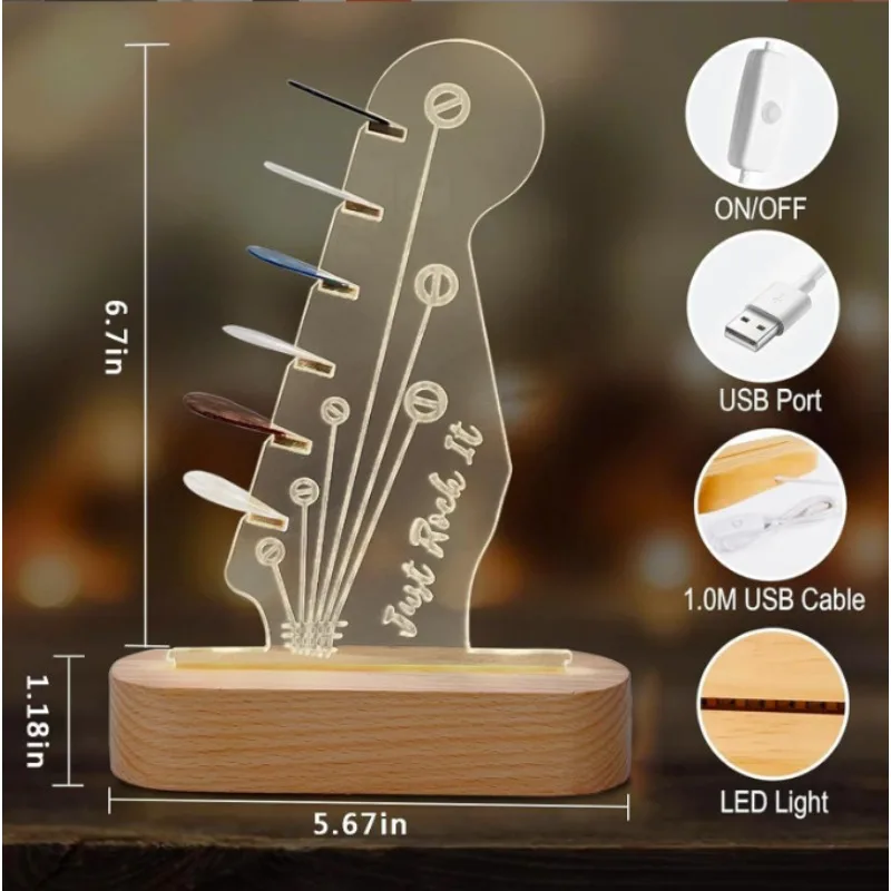 New 3D Ambient Night Light - Wooden Guitar Pick Organizer Acrylic Creative Gift Lamp with Storage Function for Music Lovers Home