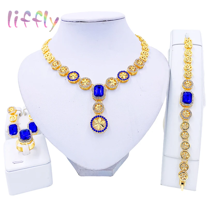 

Liffly 2023, Новый Модный Ювелирный Набор, ожерелье с синим кристаллом, женское ожерелье, браслет, серьги, кольцо, аксессуары, подарок